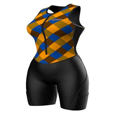 Sparx Women Triathlon Suit Tri Short Racing Cycling Swim Run (Medium, Golden Check)