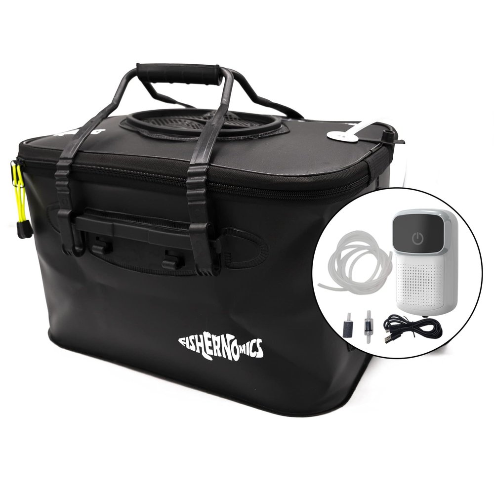 Fishernomics Collapsible Fishing Bucket with Air Pump - Live Bait Bucket with Aerator (6 Gallon/10 Gallon) - Leak Proof with Side Pocket & Shoulder Strap | Highly Durable & Sturdy