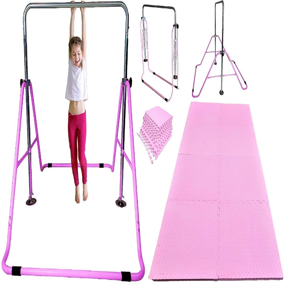Gymnastics Bar for Kids Horizontal Kip Bar Jungle Gym with 8'x'4 EVA Puzzle Mat, Junior Training Monkey Bars Home Gym Adjustable Height Expandable Junior Training Bar Indoor Foldable (Pink)