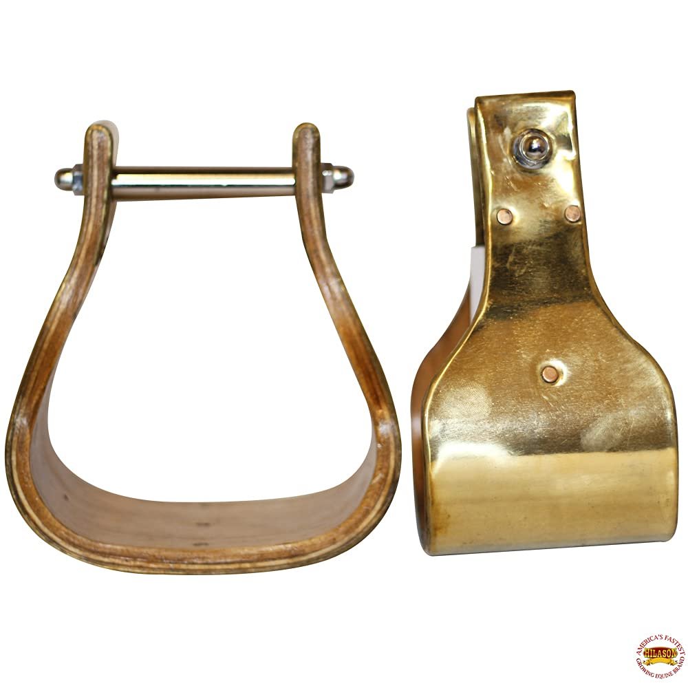 HILASON Brass Bounded Wooden Stirrups Pair with 5.5 in Height Western | Aluminum Leather Endurance Angled Padded