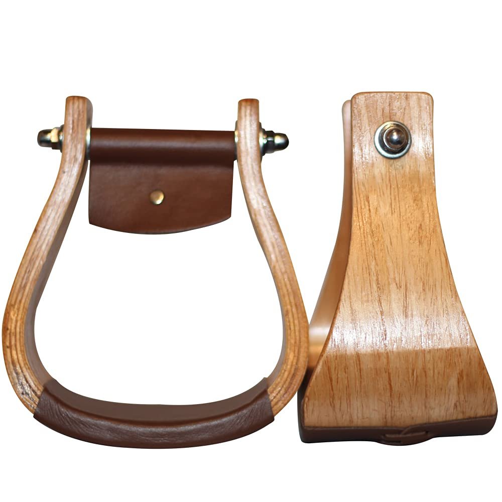 HILASON Oakwood Horse Saddle Stirrups Pair W/Leather Bottom Western | Aluminum Wooden Endurance Angled Padded