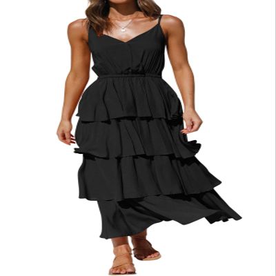 R.Vivimos Women's Summer Cotton Spaghetti Straps V-Neck Layered Ruffle Hem Boho Swing Midi Dress (X-Large, Black)