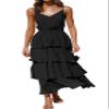 R.Vivimos Women's Summer Cotton Spaghetti Straps V-Neck Layered Ruffle Hem Boho Swing Midi Dress (X-Large, Black) view 1