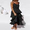 R.Vivimos Women's Summer Cotton Spaghetti Straps V-Neck Layered Ruffle Hem Boho Swing Midi Dress (X-Large, Black) view 2