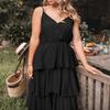 R.Vivimos Women's Summer Cotton Spaghetti Straps V-Neck Layered Ruffle Hem Boho Swing Midi Dress (X-Large, Black) view 3