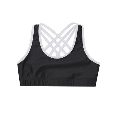 Moggemol Kids Girls Basic Sports Bra Sleeveless Crisscross Keyhole Back Crop Top for Dance/Yoga/Running Black Spaghetti Straps 16