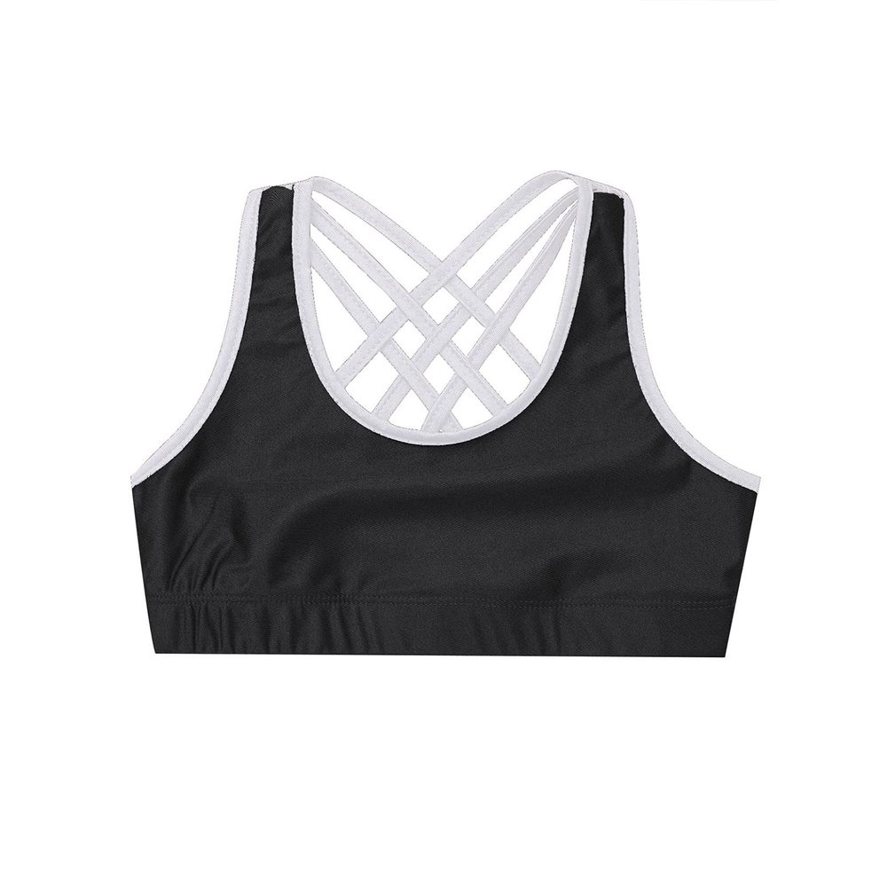Moggemol Kids Girls Basic Sports Bra Sleeveless Crisscross Keyhole Back Crop Top for Dance/Yoga/Running Black Spaghetti Straps 16