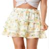 Allegra K Women's Layered Ruffle Hem Elastic Waist A-Line Skater Floral Mini Skirt Large White