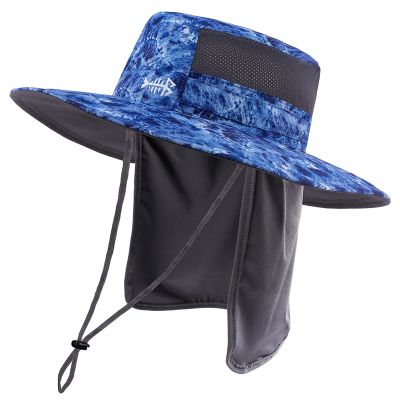 BASSDASH UPF 50+ Sun Fishing Hat Water Resistant with Detachable Neck Flap Blue-camo