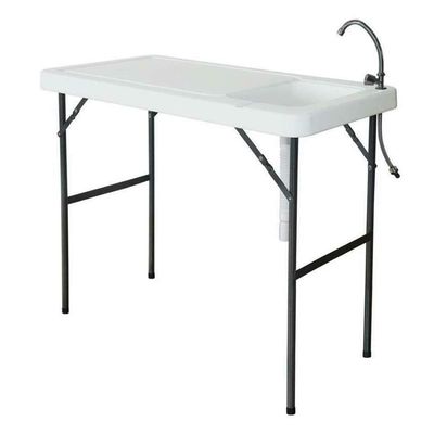 Folding Table with Sink, 4ft Portable Foldable Outdoor Camping Fishing Cleaning with Faucet for Picnic Camping Kitchen Garden White