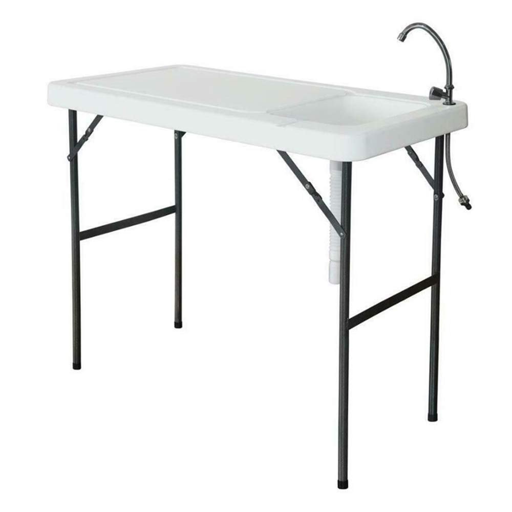 Folding Table with Sink, 4ft Portable Foldable Outdoor Camping Fishing Cleaning with Faucet for Picnic Camping Kitchen Garden White