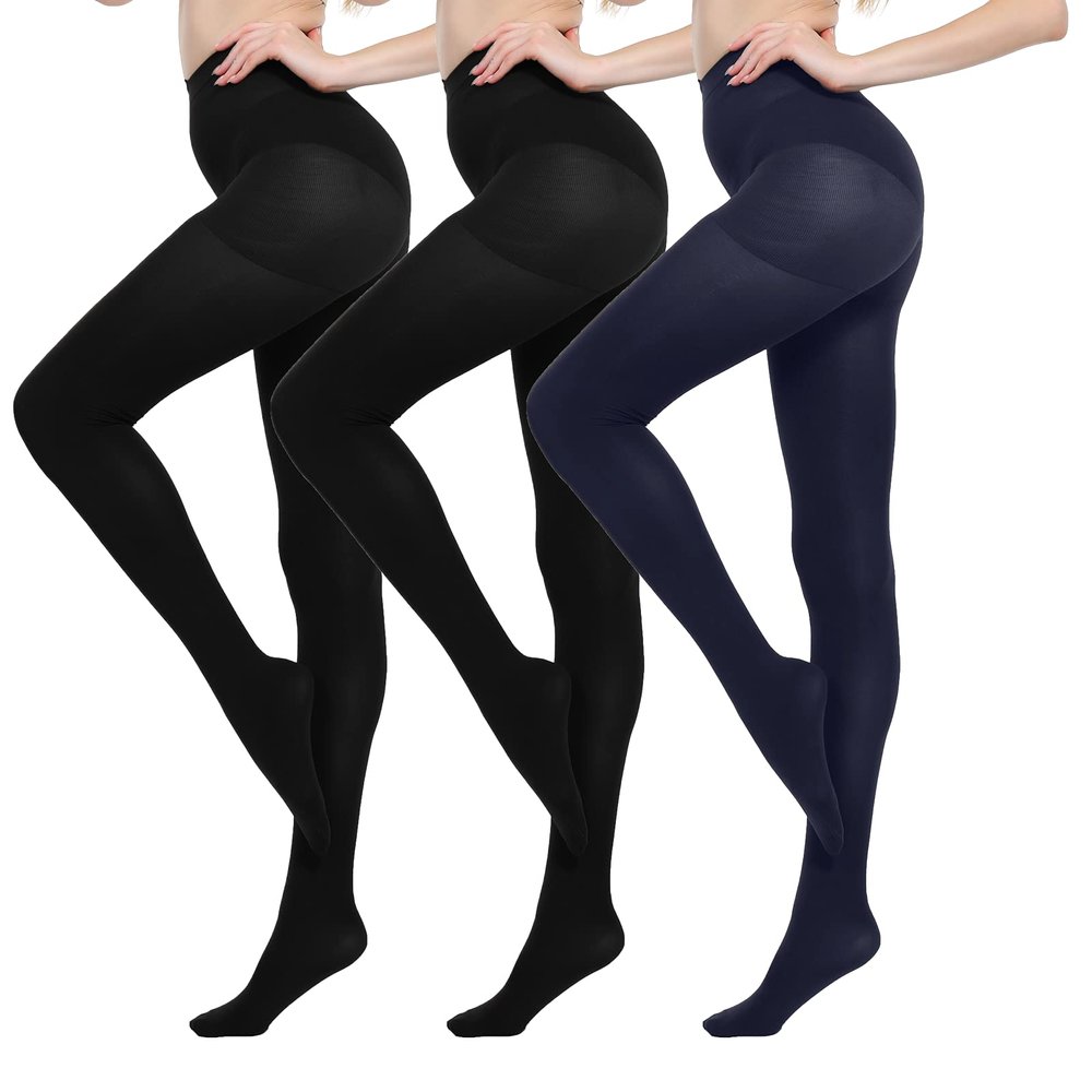 MANZI 3 Pairs Run Resistant Control Top Panty Hose Opaque Tights, 2-Black, Blue, X-Large