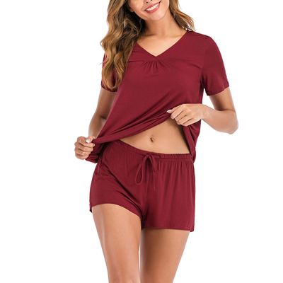 GTHTTT Women's Sexy Pajama Set Solid Color V Neck Short Sleeve Shirt and Shorts Sleepwear Sleep Loungewear Set