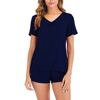 GTHTTT Women's Sexy Pajama Set Solid Color V Neck Short Sleeve Shirt and Shorts Sleepwear Sleep Loungewear Set