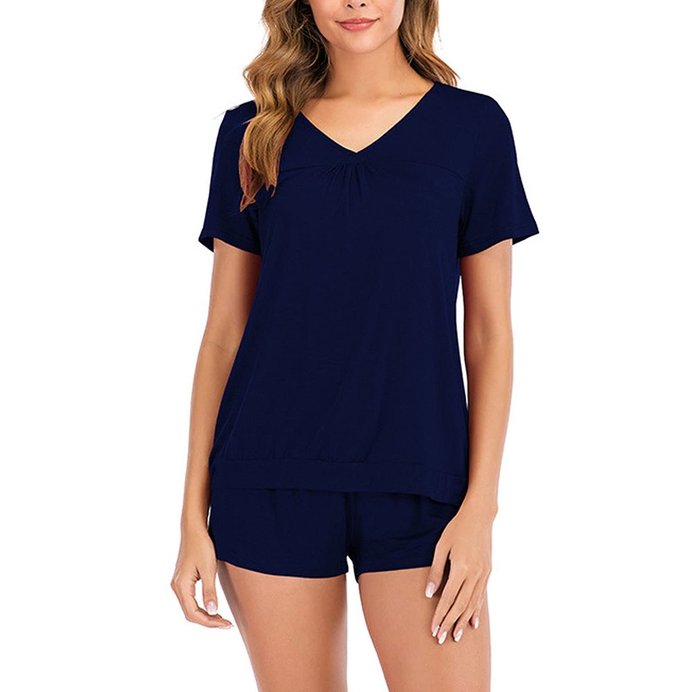 GTHTTT Women's Sexy Pajama Set Solid Color V Neck Short Sleeve Shirt and Shorts Sleepwear Sleep Loungewear Set