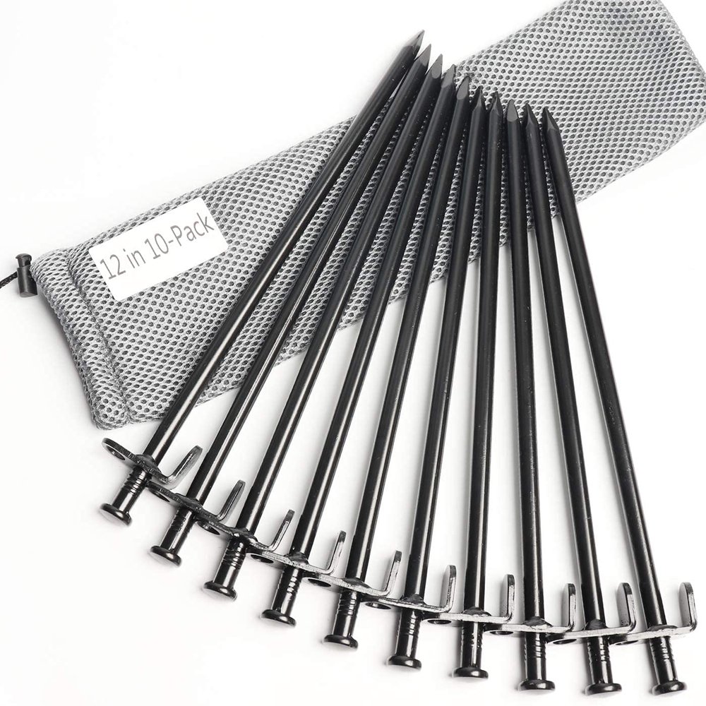 XYXXBB Heavy Duty Camping Stakes 12-Inch Tent Stakes, Forged Steel Tent Pegs Unbreakable and Inflexible, Available in Rocky Place Dessert Snowfield and Grassland (Black) (Color : 12in-10parks)