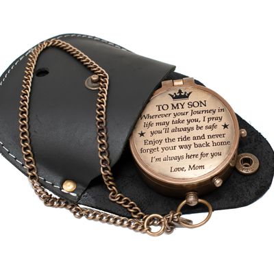 A S Handicrafts Engraved Brass & Leather Compass - To My Son - Love MOM