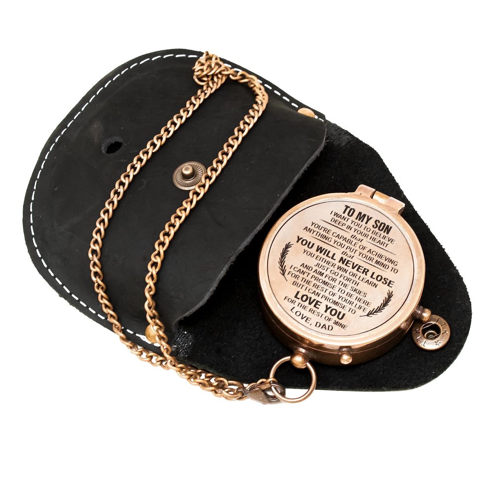 Personalize Engraved Brass Nautical Compass, Quote to My Son Gift for Graduation Confirmation Communion Loved One Gift, Direction Compass Hiking with Leather Pouch Case