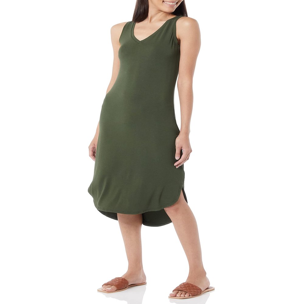 Amazon Essentials Women's Jersey Regular-Fit Sleeveless v-Neck Midi Dress (Previously Daily Ritual), Forest Green, X-Large