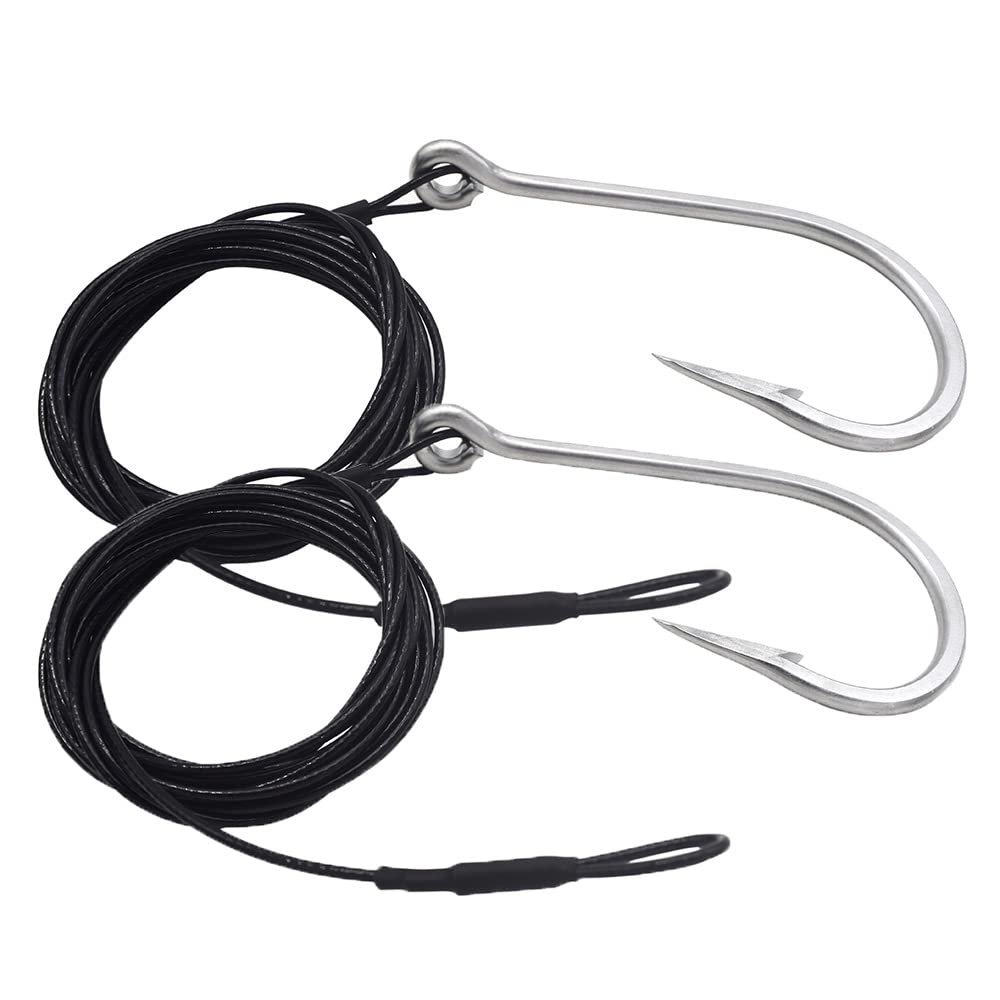 1/0-13/0 Shark Surf Rigs with 9.8ft 49-Strands Steel Leader(380-400Pound),Deep Sea Hooks for Big Fish (11/0-2 Packs)