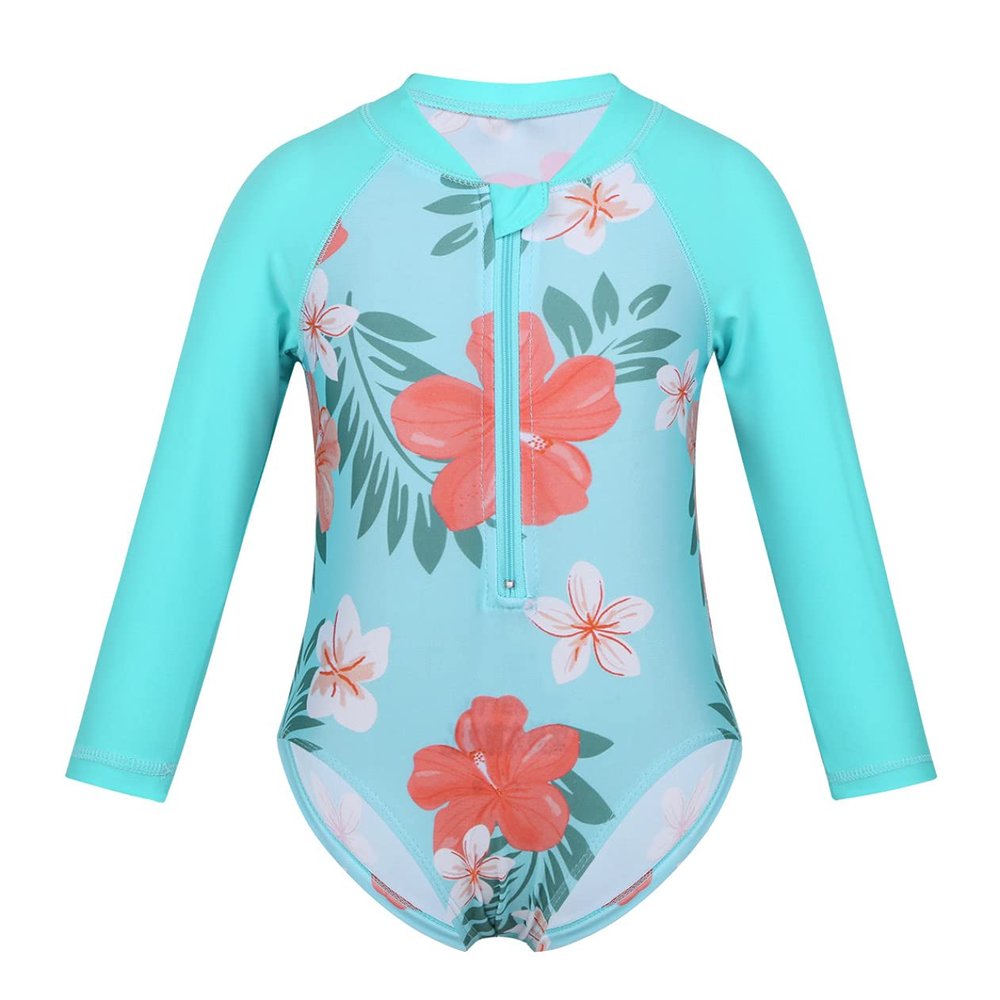 Loyan Girls Kids One-Piece Swimwear Flower Printed Long Sleeves Front Zipper Swimsuit Rash Guard Cyan 4Years