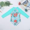 Loyan Girls Kids One-Piece Swimwear Flower Printed Long Sleeves Front Zipper Swimsuit Rash Guard Cyan 4Years view 3