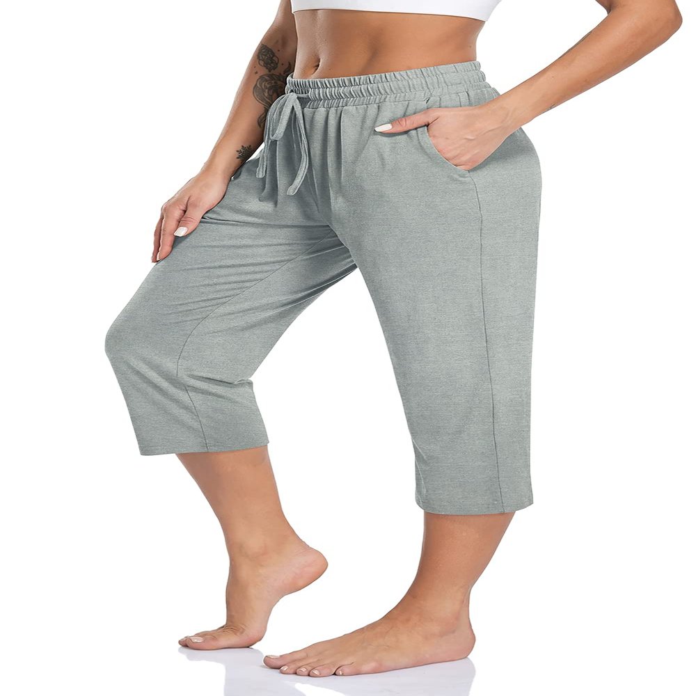 TARSE Women's Capri Yoga Pants Stretch Lightweight Running Jogging Pants Casual Comfy Pull On Capris Pockets Sweatpants (Heather LightGray,M)