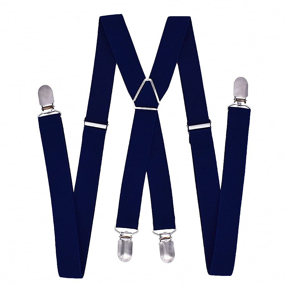 1 inch Suspenders Men Solid Color Polyester Elastic Belt X-Shape Braces with 4 Clips for Women Navy