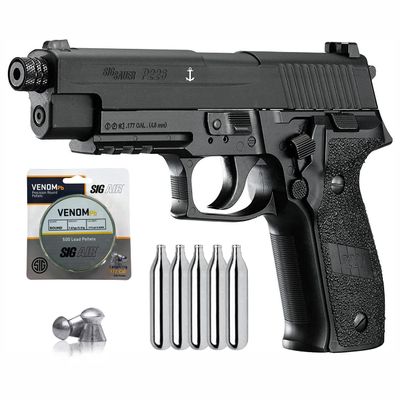 Sg Sauer P226 Air Pistol with CO2 12 Gram (5 Pack) and 500 Pellets Bundle (Black), 8.25 Inch