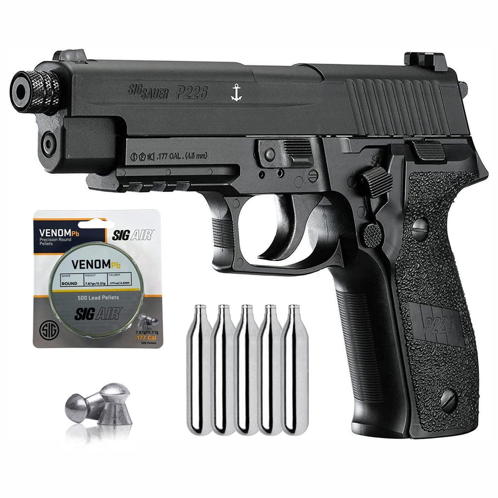 Sg Sauer P226 Air Pistol with CO2 12 Gram (5 Pack) and 500 Pellets Bundle (Black), 8.25 Inch