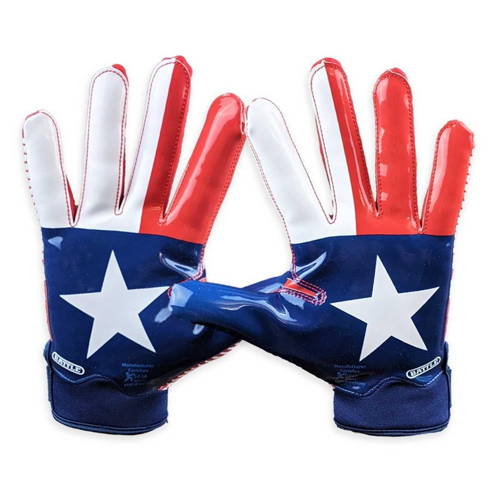 Battle Sports Texas Flag Wide Receiver Football Gloves, Ultra Stick Adult & Youth Gloves - Adult Large, Red/White/Blue