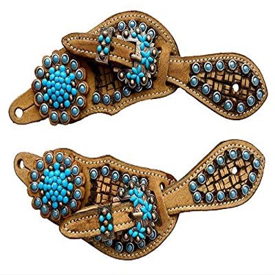 Showman Youth Basketweave Tooled Spur Straps w/Turquoise Beading