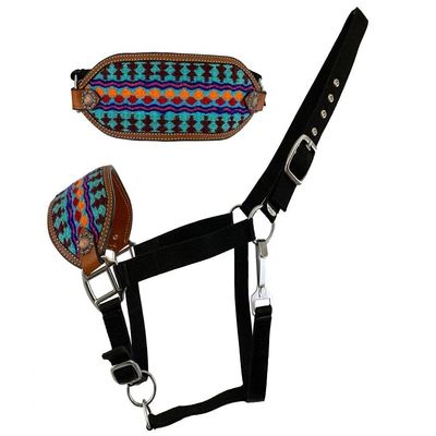 Showman Nylon Bronc Halter w/Teal & Brown Southwest Design Noseband