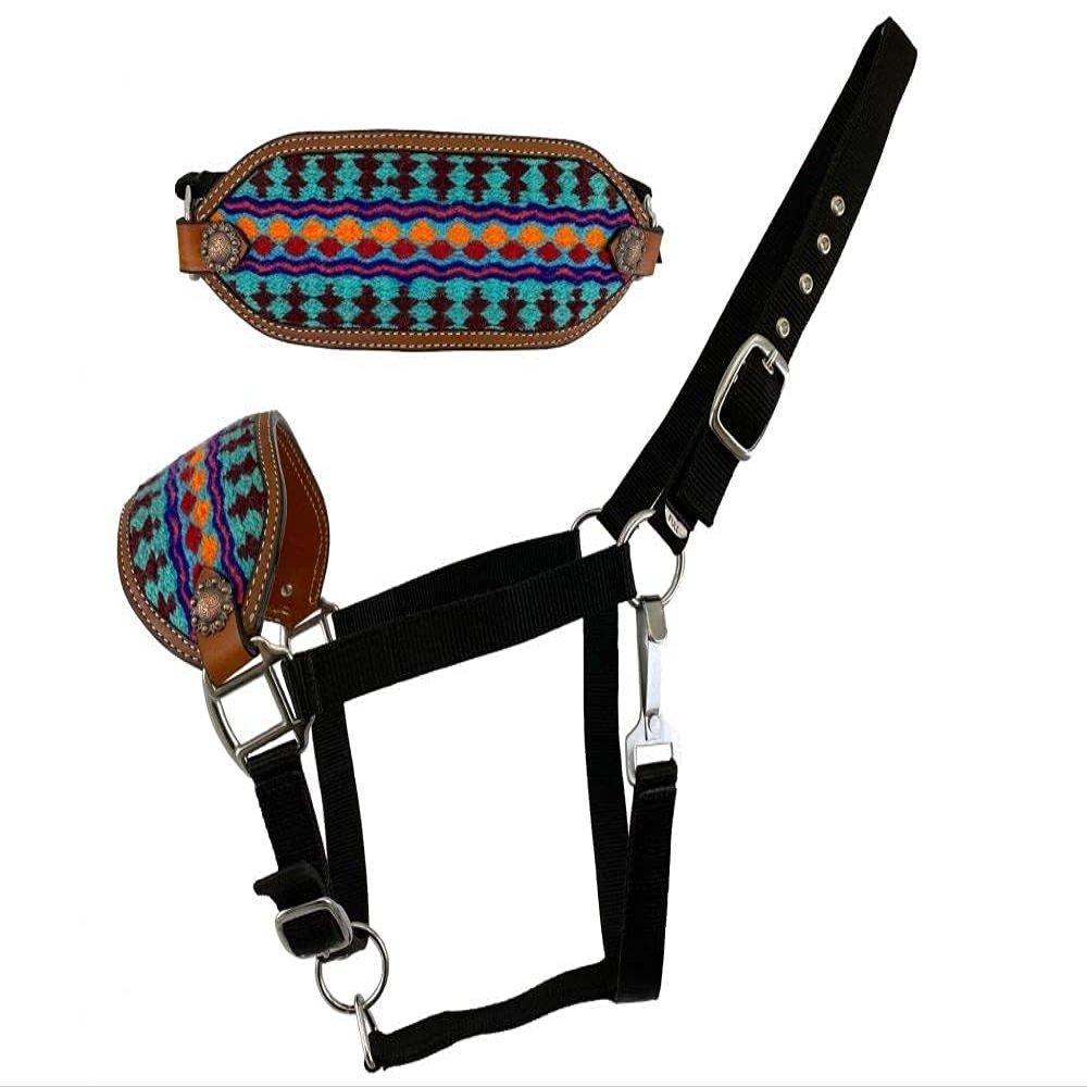 Showman Nylon Bronc Halter w/Teal & Brown Southwest Design Noseband