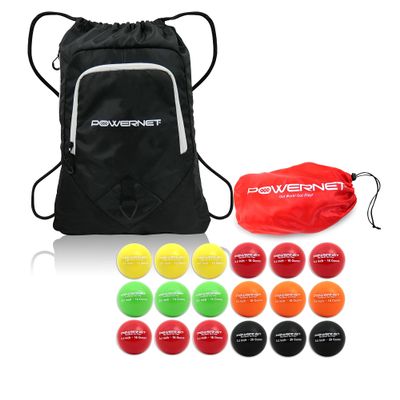 PowerNet 3.2" Softball Weighted Progressive Training Balls Bundle with 17" H x 13" W Drawstring Sack | Complete Set Heavy Ball 18 Pack 12 to 20 oz | Build Strength and Muscle