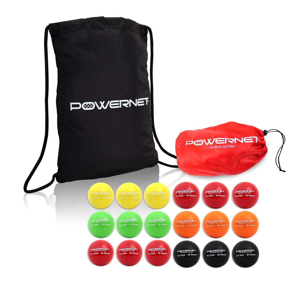 PowerNet 3.2" Softball Weighted Progressive Training Balls Bundle with 17" H x 13" W Drawstring Sack | Complete Set Heavy Ball 18 Pack 12 to 20 oz | Build Strength and Muscle