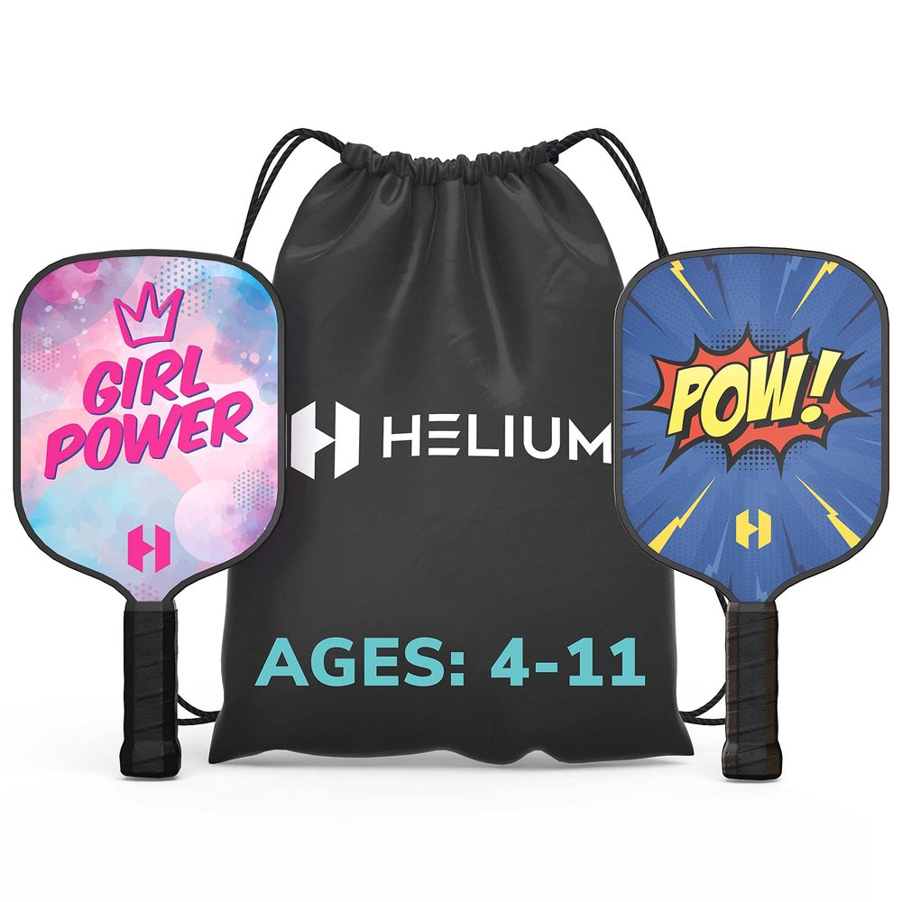 Helium Pickleball Paddle for Kids (2 Pack - POW! and Girl Power) Child Size, Lightweight Honeycomb Core, Graphite Strike Face, Premium Comfort Grip, 2 Pickleball Paddles & 2 Drawstring Bags