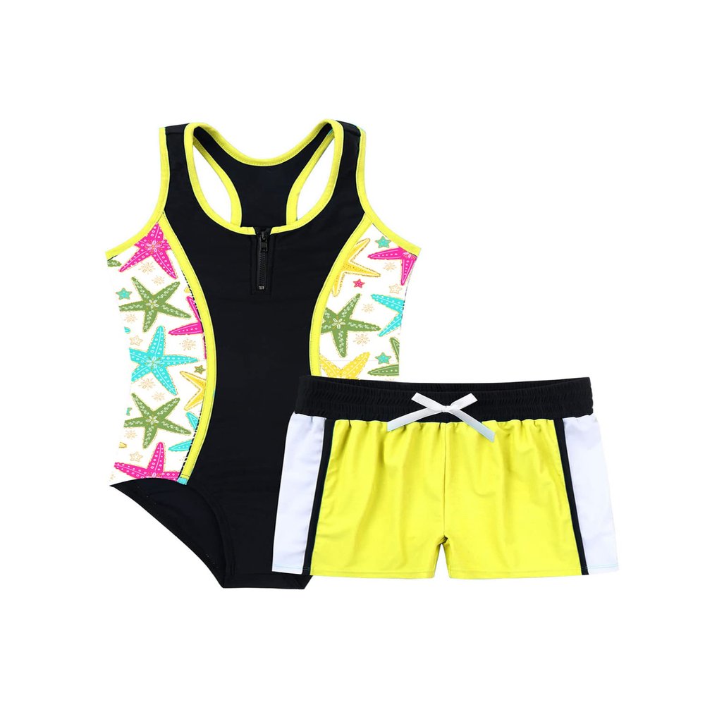 YONGHS Kids Girls Summer Swimsuit Bikinis Swimwear Tankinis Jumpsuit with Boyshorts 2Pcs Bathing Suit Starfish White 4
