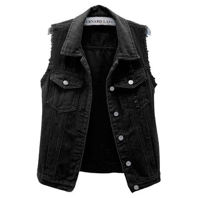 ebossy Women's Candy Color Slim Fit Sleeveless Distressed Denim Jean Vest Jacket (XX-Large, Z-Black)