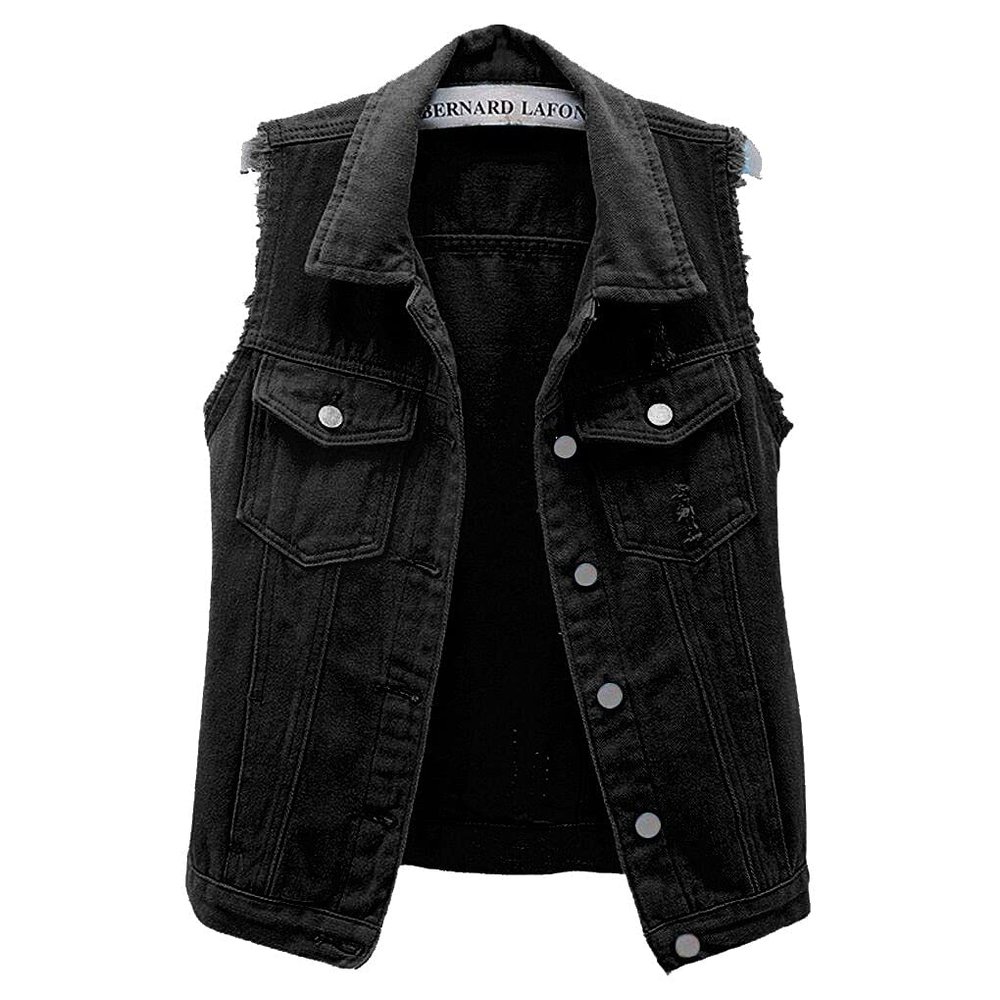 ebossy Women's Candy Color Slim Fit Sleeveless Distressed Denim Jean Vest Jacket (XX-Large, Z-Black)