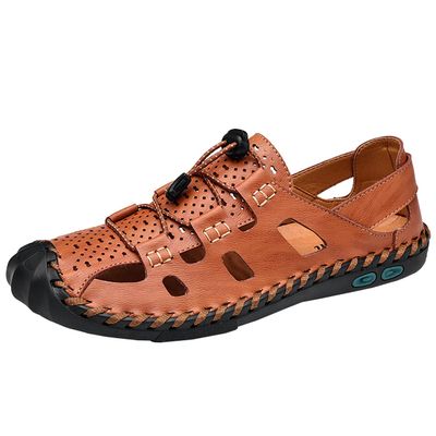 Asifn Men's Closed Toe Hiking Sandals Outdoor Adjustable Leather Fisherman Summer Beach Sandal Shoes 7 Brown,9.65" Heel to Toe