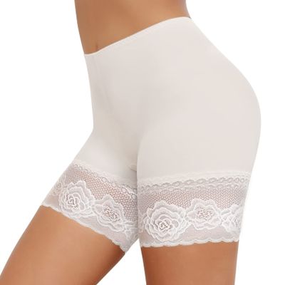 JOYSHAPER Slip Shorts for Under Dresses Thigh Bands Anti Chafing Lace Panties Underwear Women Base Layer (White- Lace, XXX-Large)