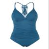Firpearl Women's Halter One Piece Swimsuits Braid Macrame Ruched Tummy Control Swimwear Aquamarine Blue US12 view 1
