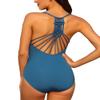Firpearl Women's Halter One Piece Swimsuits Braid Macrame Ruched Tummy Control Swimwear Aquamarine Blue US12 view 2