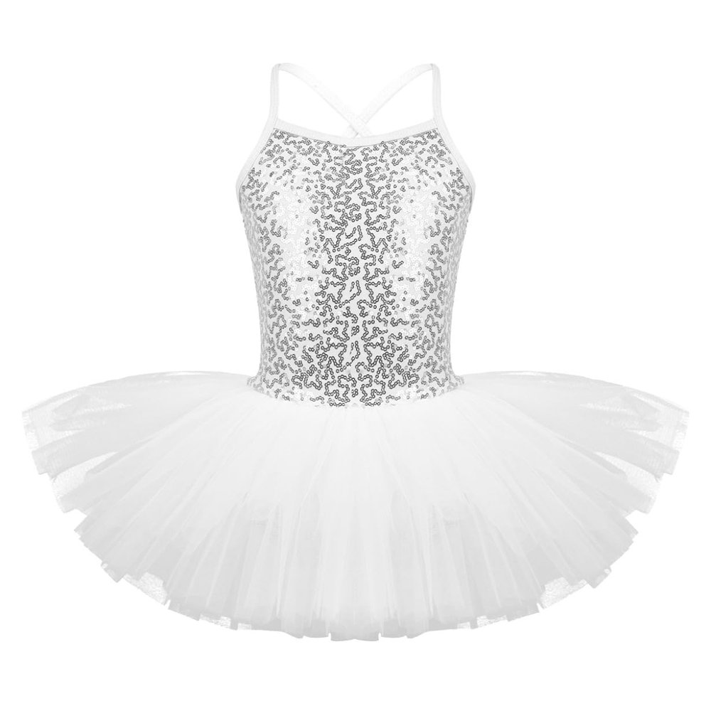 Freebily Little Big Girls Sequins Glittering Sleeveless Ballet Tutu Dress Modern Dance Camisole Gymnastic Leotard White 10-12