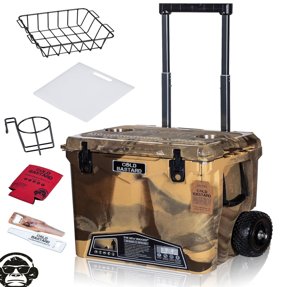 45QTW Cold Bastard Rugged+ CAMO Camel Large Wheels Best Premium Ice Chest Cooler Accessories Free S&H