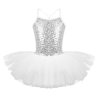 Freebily Little Big Girls Sequins Glittering Sleeveless Ballet Tutu Dress Modern Dance Camisole Gymnastic Leotard White 8-10