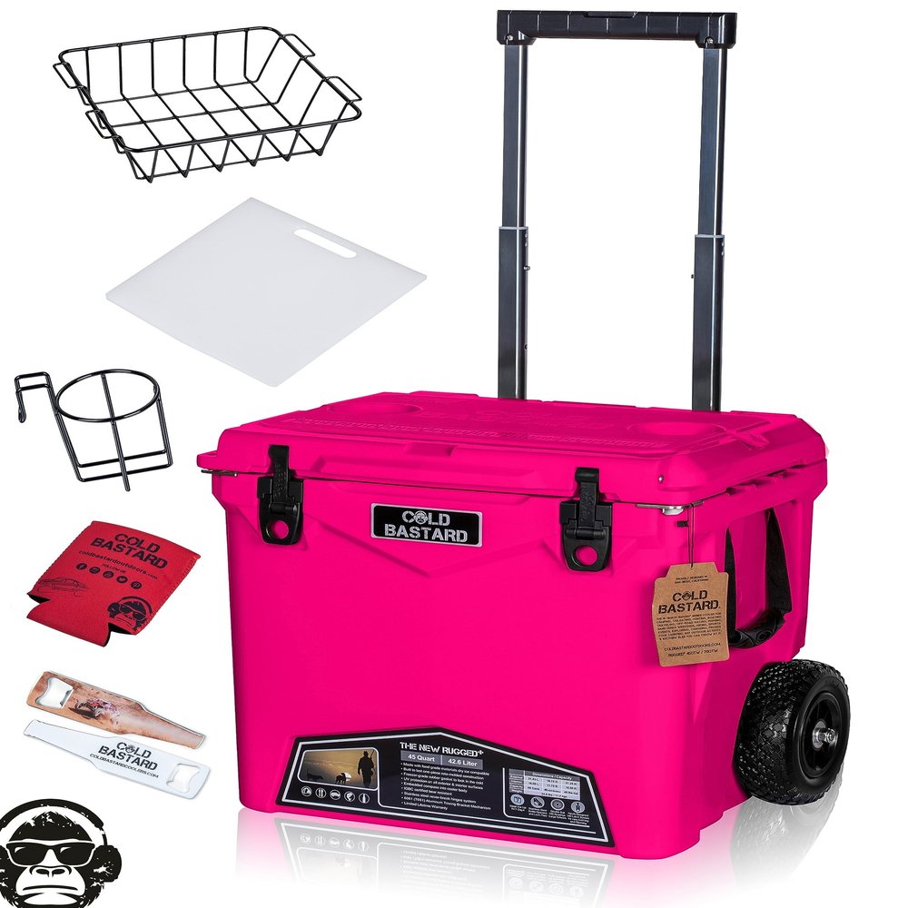 45QTW Cold Bastard Rugged+ Pink NEON Large Wheels Best Premium Ice Chest Cooler Accessories Free S&H