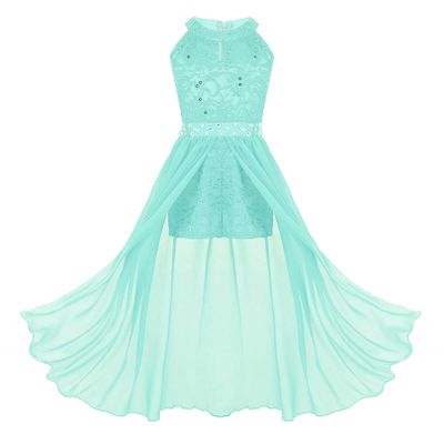 ranrann Kids Girls Sleeveless Floral Lace Shiny Rhinestone Maxi Dress Birthday Party Formal Dance Romper Gown Mint Green 5-6