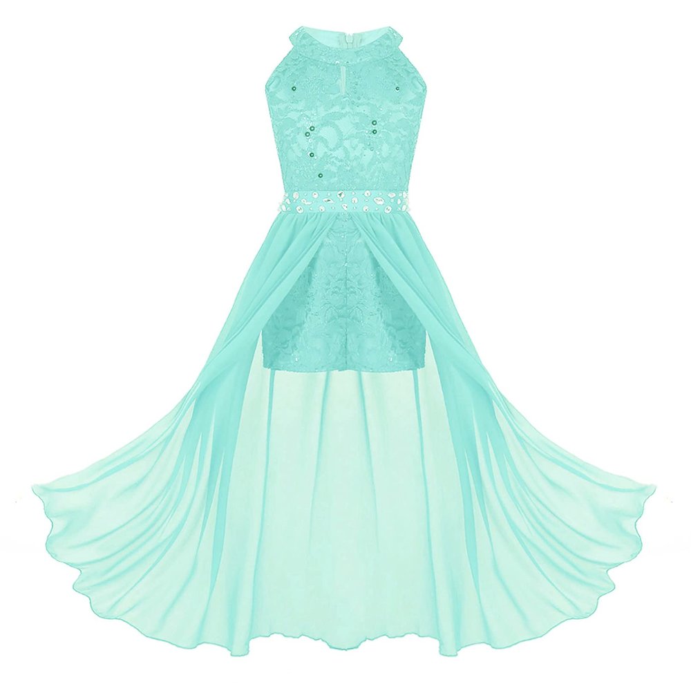 ranrann Kids Girls Sleeveless Floral Lace Shiny Rhinestone Maxi Dress Birthday Party Formal Dance Romper Gown Mint Green 5-6